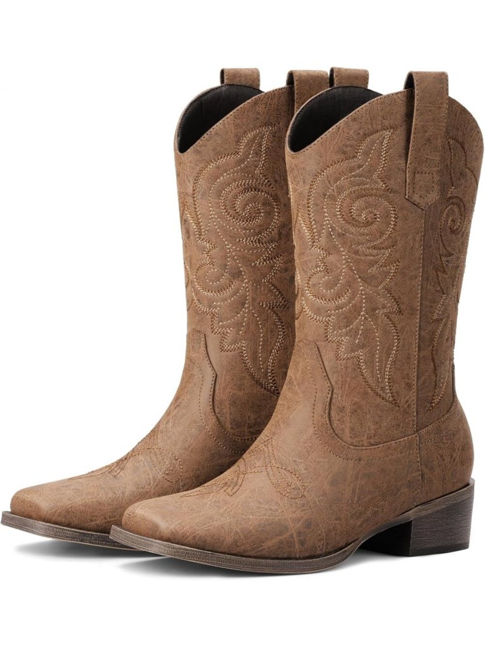 Women's Cognac Square Toe Mid Calf Low Chunky Heel Classic Retro Cowgirl Boots
